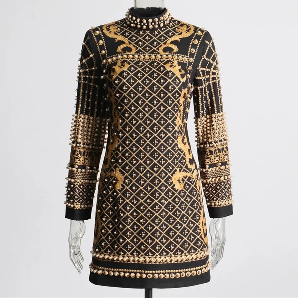 Dresses For Women Round Neck Long Sleeve High Wiast Spliced Pearls Slimm Dress - Picture 3 of 8